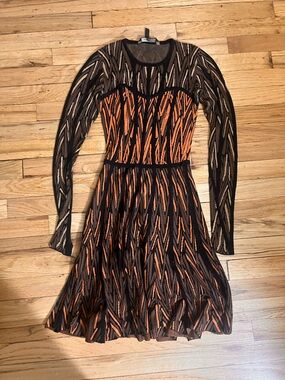 BCBGMaxAzria Black and Orange Patterned Long Sleeve Dress